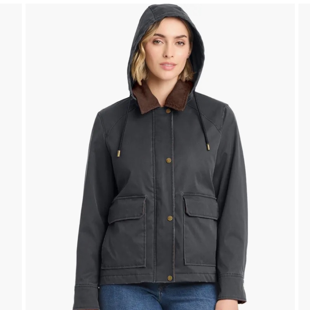 MODERN SUPPLY BY SANCTUARY HOODED WAXED JACKET BARN CHORE COAT‎ CORDUROY COLLAR